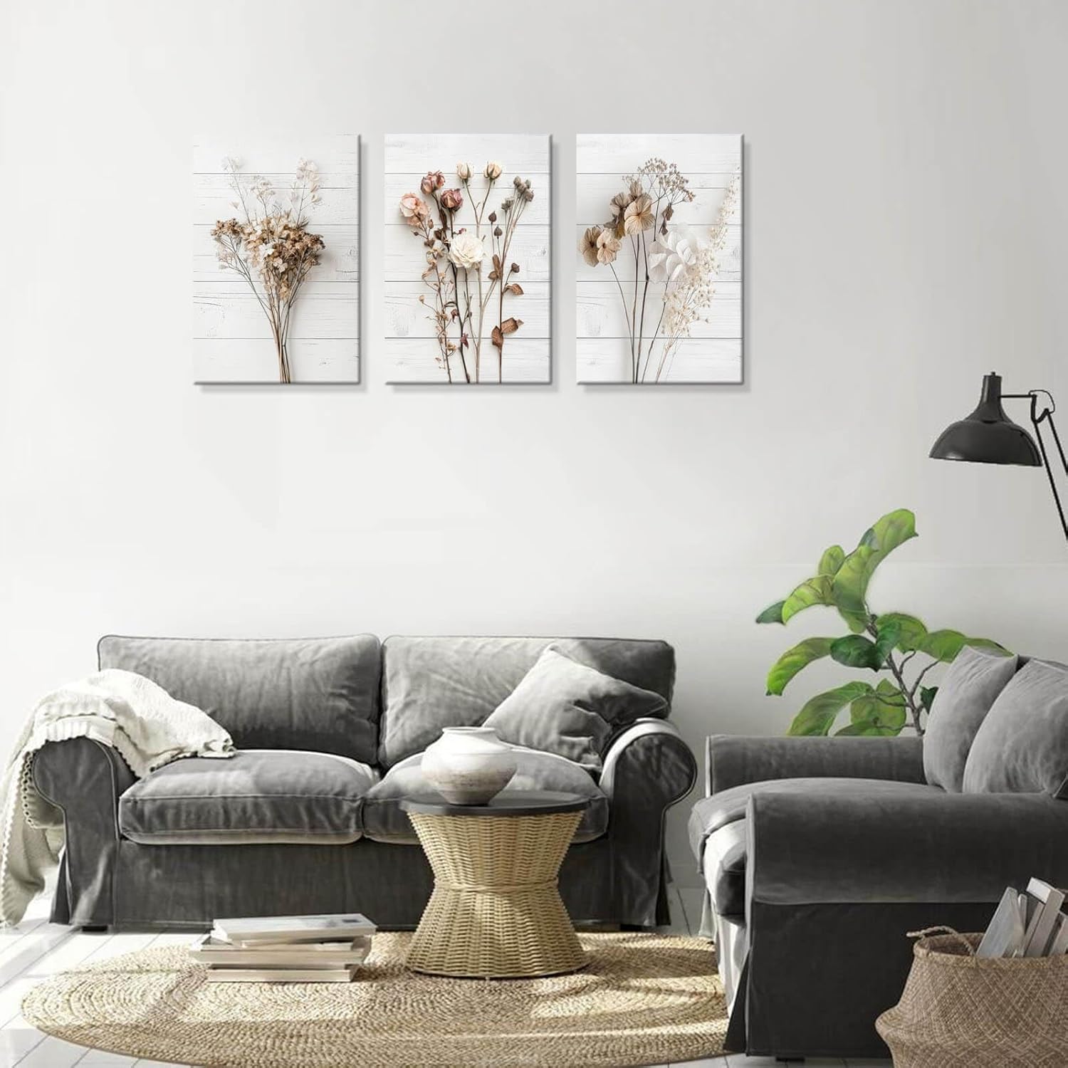 Modern Farmhouse Wall Decor Dried Wildflower Neutral Canvas Print Still Life Wall Art for Bedroom Aesthetic Rustic Floral Wall Art for Living Room Wall Decoration Stretched Set of 3 Pieces 16x24inches